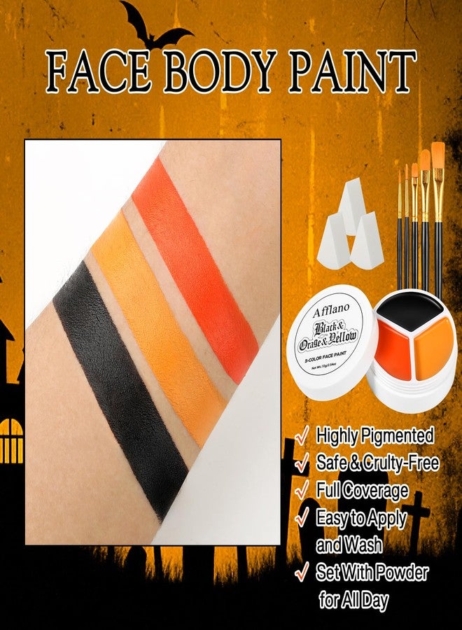 La Catrina Black Orange Yellow Face Body Paint, Halloween Scarecrow Makeup Kit (3 Sponges + 5 Brushes), 9 Pcs Oil Based Non Toxic Face Painting Kit for Halloween Pumpkin SFX, Clown, Tiger, Lion, Fox, Costume Cos - Image 3