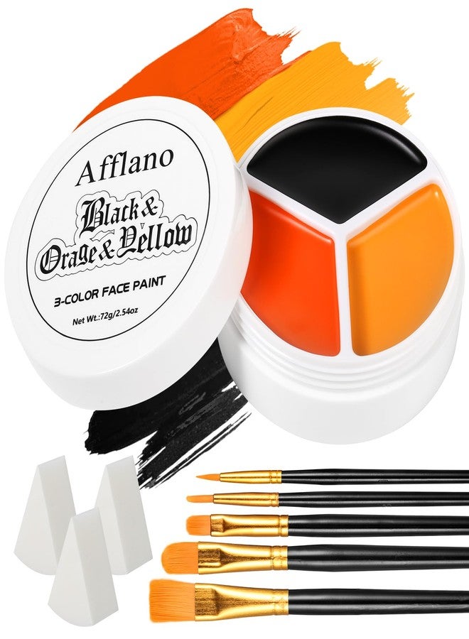La Catrina Black Orange Yellow Face Body Paint, Halloween Scarecrow Makeup Kit (3 Sponges + 5 Brushes), 9 Pcs Oil Based Non Toxic Face Painting Kit for Halloween Pumpkin SFX, Clown, Tiger, Lion, Fox, Costume Cos - Image 1