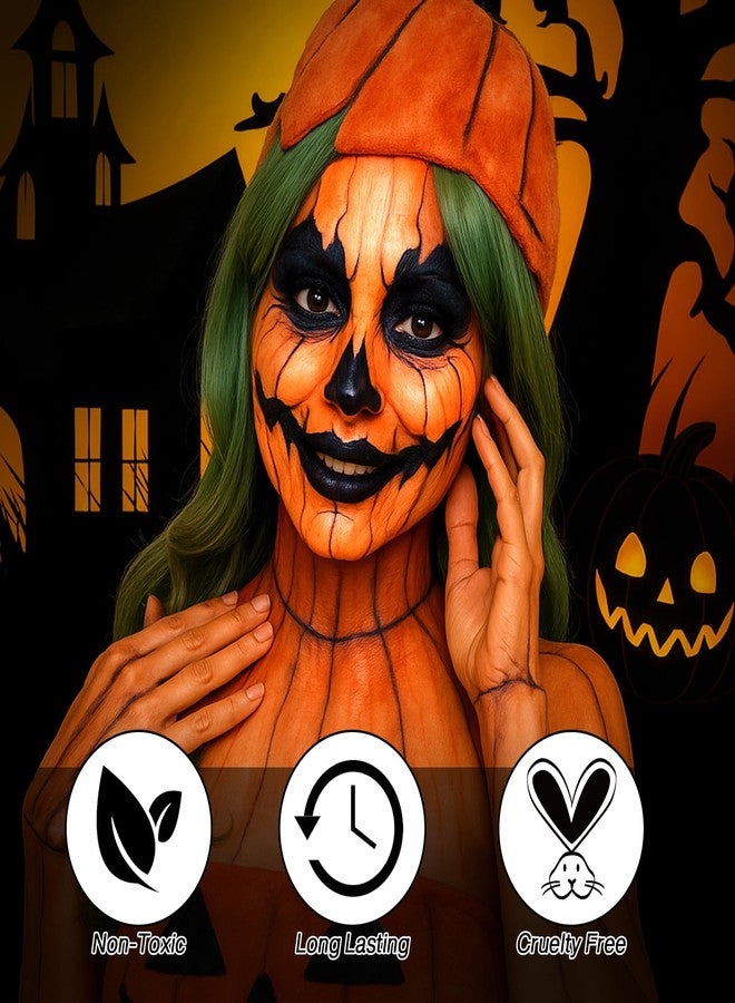 La Catrina Black Orange Yellow Face Body Paint, Halloween Scarecrow Makeup Kit (3 Sponges + 5 Brushes), 9 Pcs Oil Based Non Toxic Face Painting Kit for Halloween Pumpkin SFX, Clown, Tiger, Lion, Fox, Costume Cos - Image 2