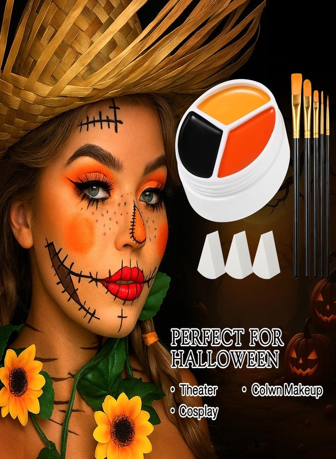 La Catrina Black Orange Yellow Face Body Paint, Halloween Scarecrow Makeup Kit (3 Sponges + 5 Brushes), 9 Pcs Oil Based Non Toxic Face Painting Kit for Halloween Pumpkin SFX, Clown, Tiger, Lion, Fox, Costume Cos - Image 5