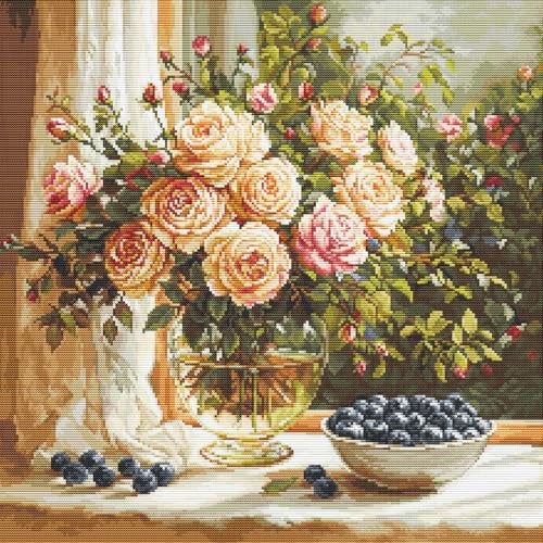Luca-S LucaS Cross Stitch Kit Gold Vase with Roses and Blueberries B719 Counted Cross Stitch Kit for Adults Needlecraft and Embroidery Kit - Image 1