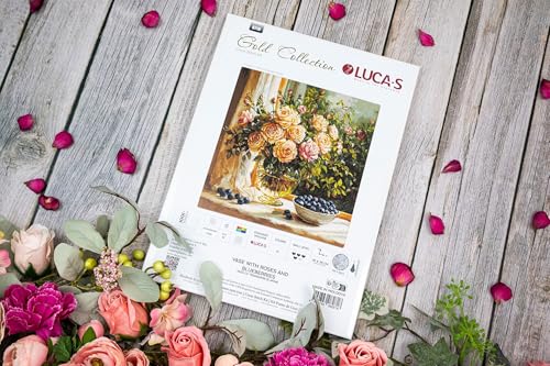 Luca-S LucaS Cross Stitch Kit Gold Vase with Roses and Blueberries B719 Counted Cross Stitch Kit for Adults Needlecraft and Embroidery Kit - Image 3