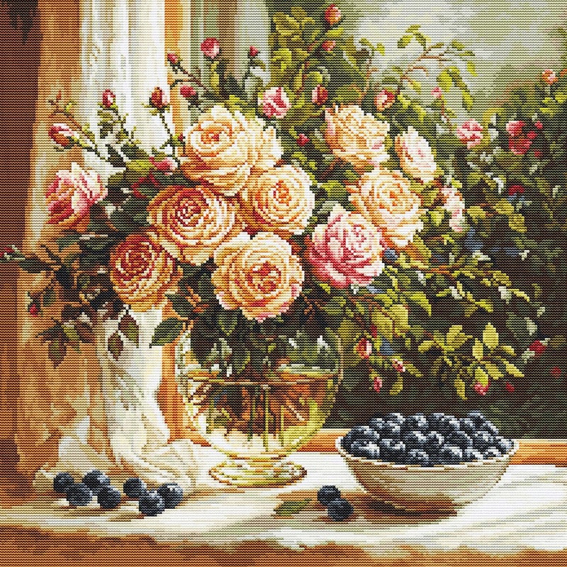 Luca-S LucaS Cross Stitch Kit Gold Vase with Roses and Blueberries B719 Counted Cross Stitch Kit for Adults Needlecraft and Embroidery Kit - Image 2