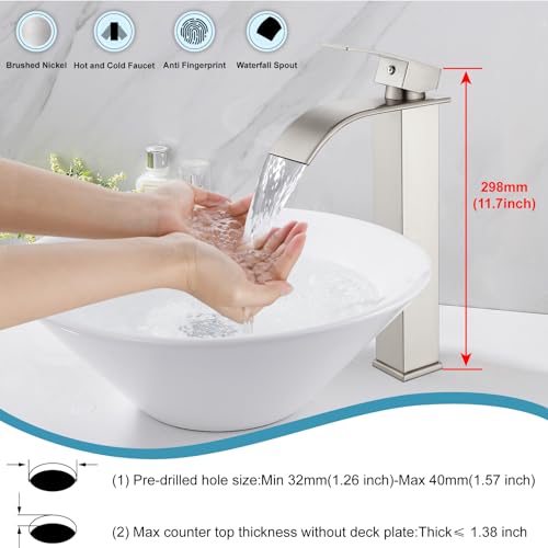 Midanya Vessel Sink Facuet Waterfall Tall Bathroom Faucets Vanity Single Handle 1 Hole Modern with Pop-up Drain and Supply Hoses,Brushed Nickel - Image 2