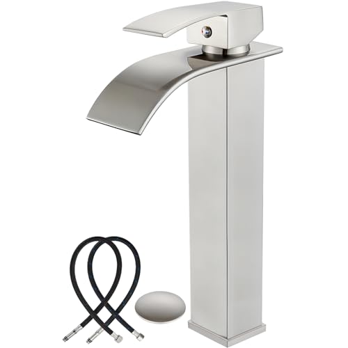Midanya Vessel Sink Facuet Waterfall Tall Bathroom Faucets Vanity Single Handle 1 Hole Modern with Pop-up Drain and Supply Hoses,Brushed Nickel - Image 1