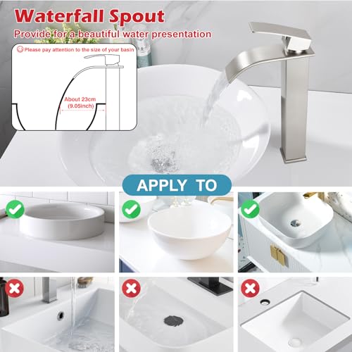 Midanya Vessel Sink Facuet Waterfall Tall Bathroom Faucets Vanity Single Handle 1 Hole Modern with Pop-up Drain and Supply Hoses,Brushed Nickel - Image 4