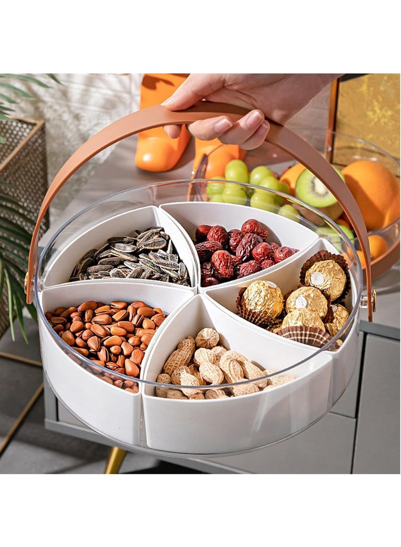 صينية تقديم مقسمة شفافة مع غطاء ومقبض، صينية خضروات مستديرة مع 5 حجرات، صندوق حاوية تخزين الطعام للحلوى والمقبلات والوجبات الخفيفة والفواكه المجففة والمكسرات والخضروات (دائرية - بيضاء) - Image 3