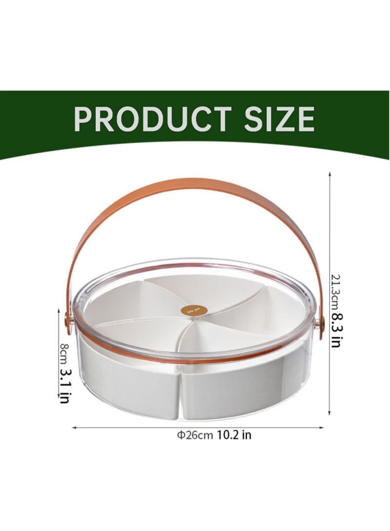 صينية تقديم مقسمة شفافة مع غطاء ومقبض، صينية خضروات مستديرة مع 5 حجرات، صندوق حاوية تخزين الطعام للحلوى والمقبلات والوجبات الخفيفة والفواكه المجففة والمكسرات والخضروات (دائرية - بيضاء) - Image 2