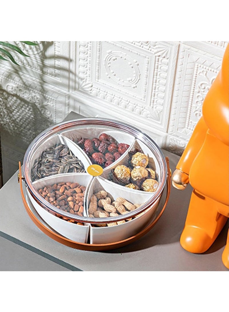 صينية تقديم مقسمة شفافة مع غطاء ومقبض، صينية خضروات مستديرة مع 5 حجرات، صندوق حاوية تخزين الطعام للحلوى والمقبلات والوجبات الخفيفة والفواكه المجففة والمكسرات والخضروات (دائرية - بيضاء) - Image 5