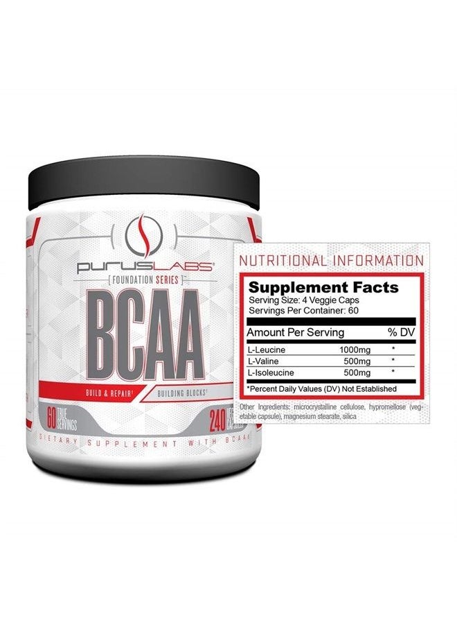 BCAA Capsules by Purus Labs Foundation Series | 2:1:1 Leucine, Valine, Isoleucine | for Recovery, Endurance, Strength and Muscle Building | 240 Capsules (60 Servings)