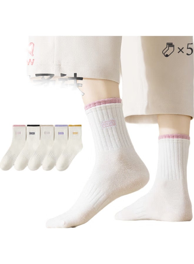 MIIOW 5-Pair Summer Mid-Calf Women'S Socks, Double Rib Embroidered Soft Breathable Cotton Letter Socks, One Size Fits All - Image 3