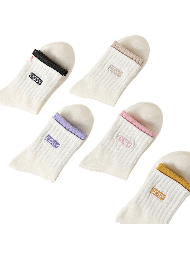 MIIOW 5-Pair Summer Mid-Calf Women'S Socks, Double Rib Embroidered Soft Breathable Cotton Letter Socks, One Size Fits All - Image 2
