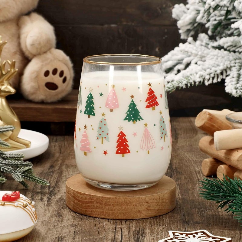 Whaline 2Pcs Christmas Stemless Wine Glasses with Gold Rim 17oz Boho Christmas Tree Drinking Glasses Pink Green Tree Tumbler Cups for Xmas Winter Party Supplies - Image 3