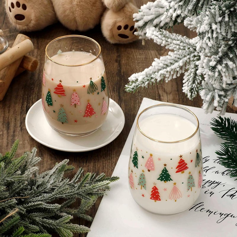 Whaline 2Pcs Christmas Stemless Wine Glasses with Gold Rim 17oz Boho Christmas Tree Drinking Glasses Pink Green Tree Tumbler Cups for Xmas Winter Party Supplies - Image 4