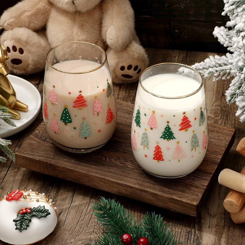 Whaline 2Pcs Christmas Stemless Wine Glasses with Gold Rim 17oz Boho Christmas Tree Drinking Glasses Pink Green Tree Tumbler Cups for Xmas Winter Party Supplies - Image 5