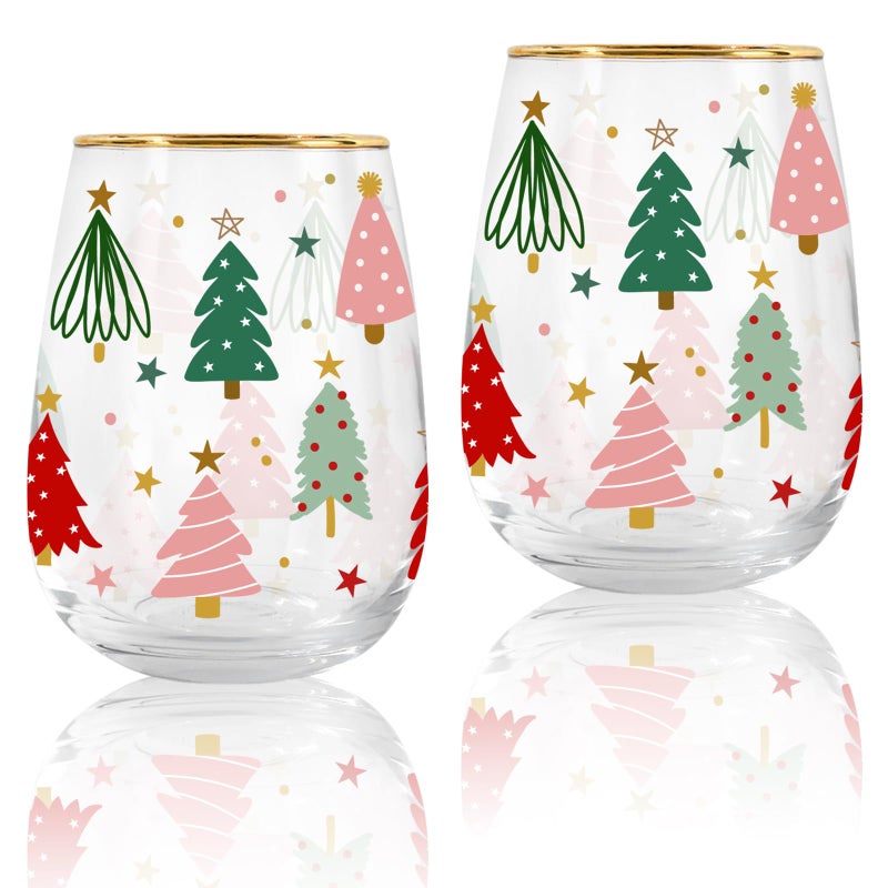 Whaline 2Pcs Christmas Stemless Wine Glasses with Gold Rim 17oz Boho Christmas Tree Drinking Glasses Pink Green Tree Tumbler Cups for Xmas Winter Party Supplies - Image 1