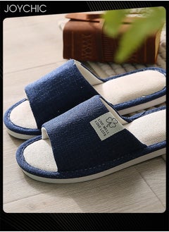 Joychic New Style Men Home Linen Slipper Indoor Non-slip Wear-resistant Bedroom Slipper Sweat-absorbing and Breathable Flat Slides for All Seasons Navy Blue  - Image 1