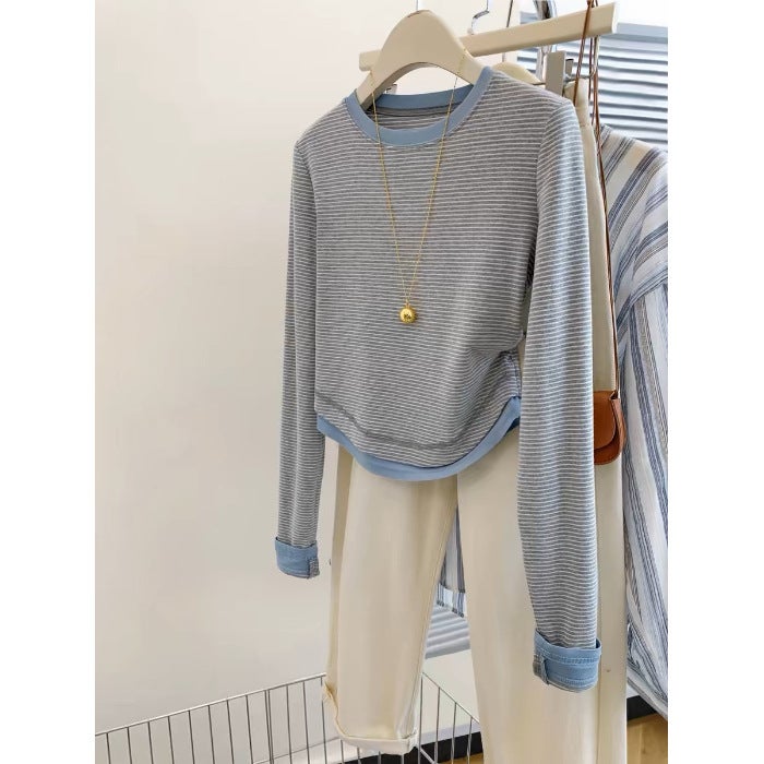 Early Autumn Fake Two-piece Contrast Color Striped Long-sleeved T-shirt Women's Base Shirt Irregular Design Sense Shoulder Short Top - Image 1