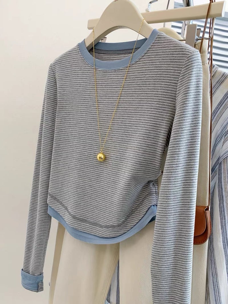 Early Autumn Fake Two-piece Contrast Color Striped Long-sleeved T-shirt Women's Base Shirt Irregular Design Sense Shoulder Short Top - Image 3