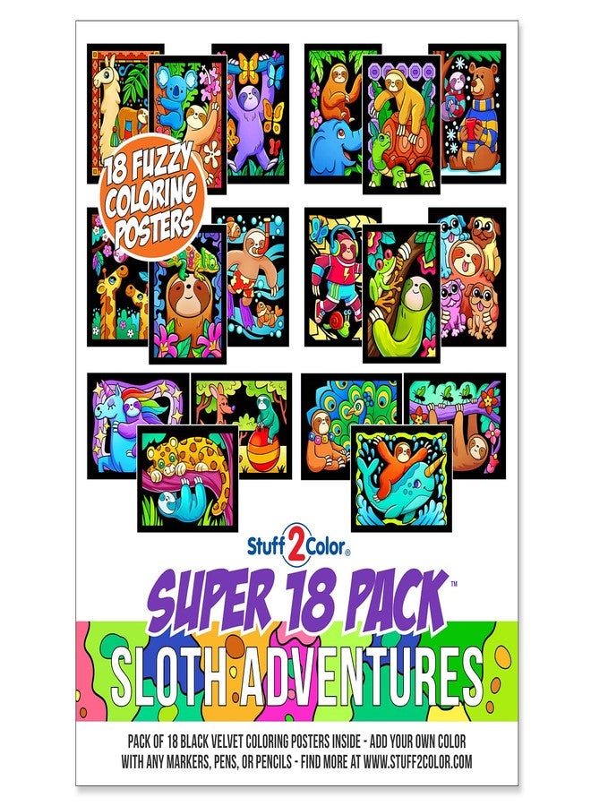 Stuff2Color Super Pack of 18 Fuzzy Velvet Coloring Posters (Sloth Adventures) - Arts & Crafts for Girls and Boys - Great for After School, Travel, Planes, Group Activities, and Coloring with Friends - Image 1