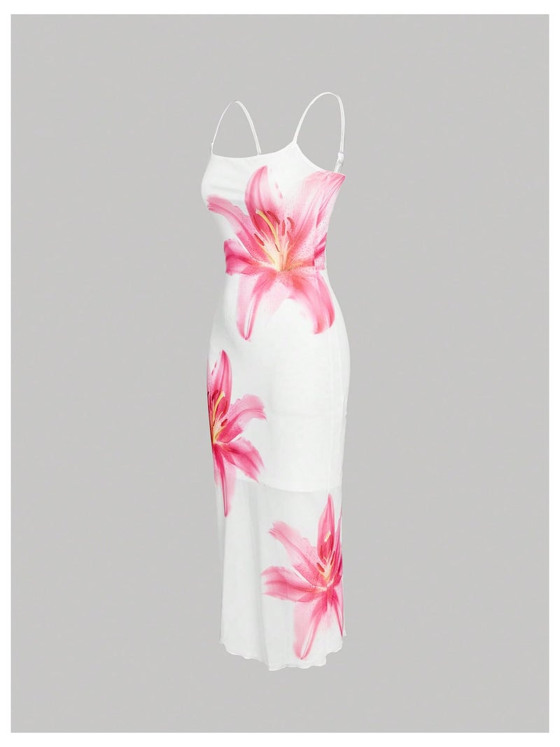 Verdusa Women's Floral Print Layered Cami Dress High Rise Backless Sleeveless Long Dress White Large - Image 3