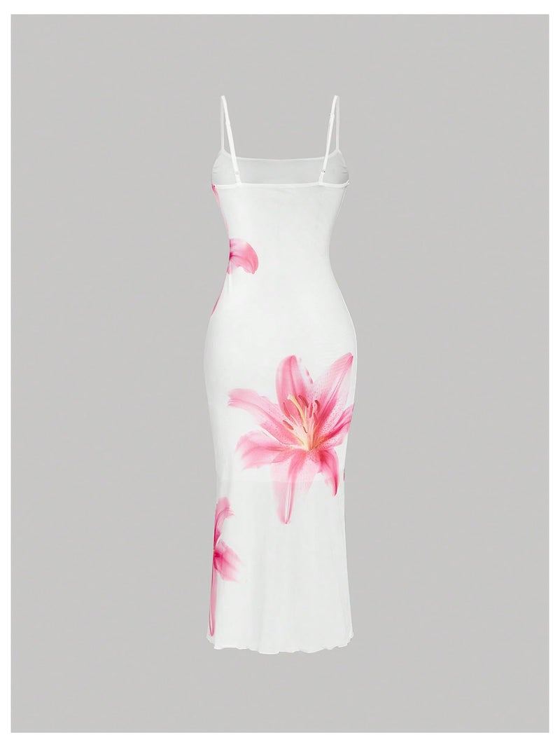 Verdusa Women's Floral Print Layered Cami Dress High Rise Backless Sleeveless Long Dress White Large - Image 2