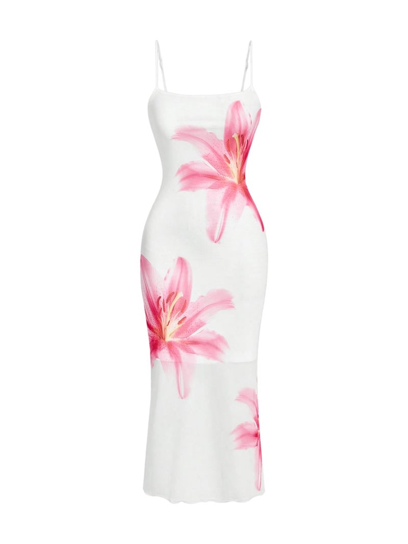 Verdusa Women's Floral Print Layered Cami Dress High Rise Backless Sleeveless Long Dress White Large - Image 1