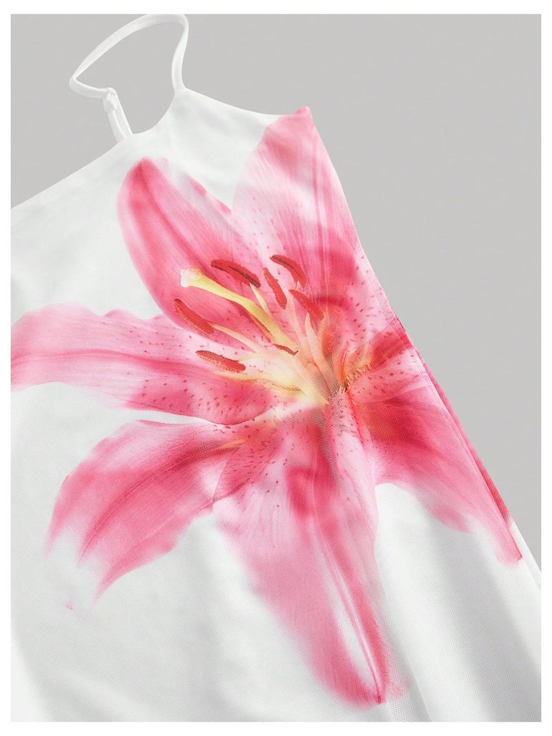 Verdusa Women's Floral Print Layered Cami Dress High Rise Backless Sleeveless Long Dress White Large - Image 4