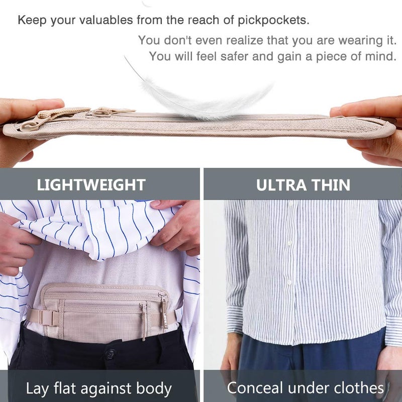 LANNEY Money Belt for Travel, Slim RFID Blocking Women and Men Hidden Travel Pouch Under Clothes, Passport Holder Protect Cash, Documents, Credit Card, Bonus 2 RFID Sleeves  - Image 3