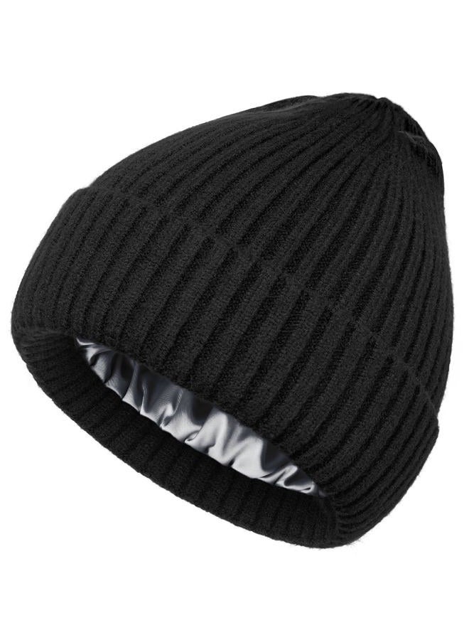 vidsel Satin Lined Wool Beanie Hat for Women Men Winter Cold, Warm Knit Fashion Cuffed Beanie Skull Cap Watch Cap, 1-black, 6 1/2-7 3/8 - Image 1