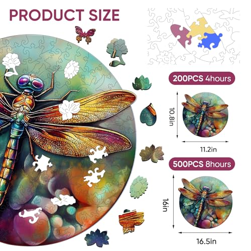 Mys Aurora Wooden Puzzles for Adults Dragonfly Jigsaw Puzzles 200 Pieces Unique Shaped Round Flower Puzzles for Adults and Kids Family Game 112 x 108 Inch - Image 5