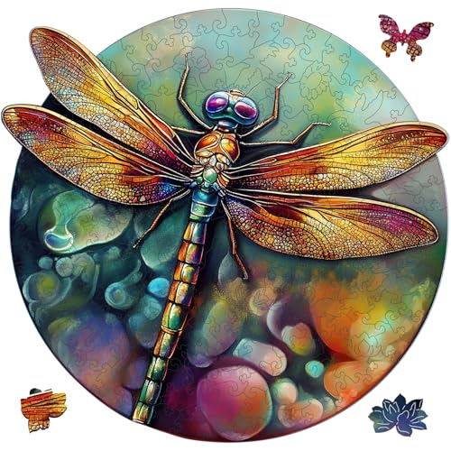 Mys Aurora Wooden Puzzles for Adults Dragonfly Jigsaw Puzzles 200 Pieces Unique Shaped Round Flower Puzzles for Adults and Kids Family Game 112 x 108 Inch - Image 1