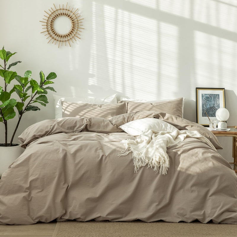 MooMee Bedding Duvet Cover Set 100 Washed Cotton Linen Like Textured Breathable Durable Soft Comfy Solid Light Camel King 104x90