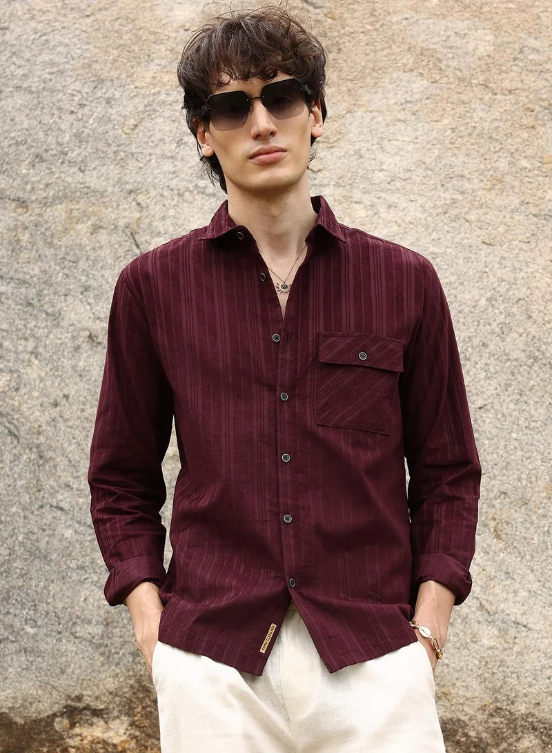 Campus Sutra Men's Burgundy Red Multitrack-Striped Shirt For Casual Wear | Spread Collar | Long Sleeve | Button Closure | Shirt Crafted With Comfort Fit For Everyday Wear