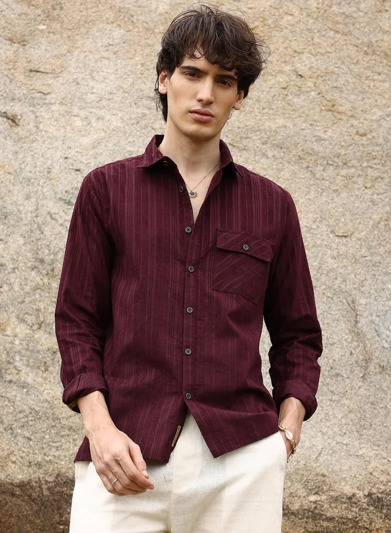Campus Sutra Men's Burgundy Red Multitrack-Striped Shirt For Casual Wear | Spread Collar | Long Sleeve | Button Closure | Shirt Crafted With Comfort Fit For Everyday Wear