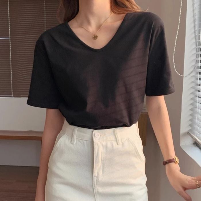 Solid Color U-Neck Right Shoulder Coolon T-Shirt Summer Women'S T-Shirt Plus Fat Enlarged Loose Casual Slim Versatile Top - Image 1