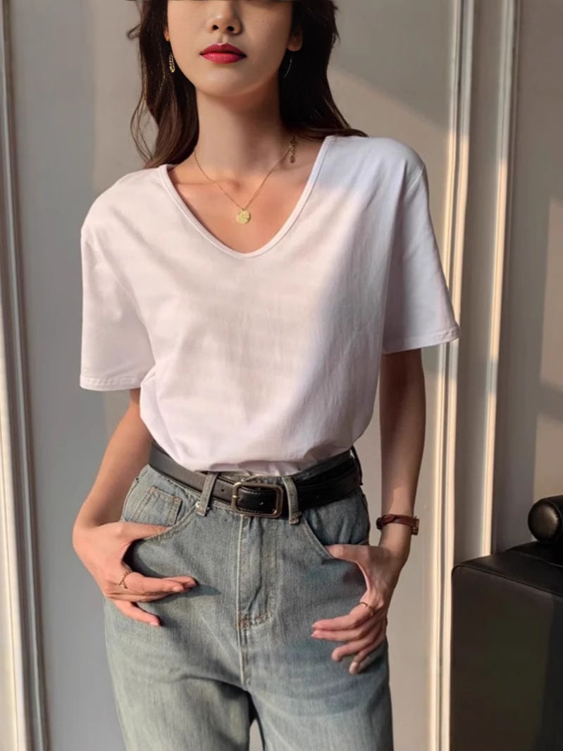 Solid Color U-Neck Right Shoulder Coolon T-Shirt Summer Women'S T-Shirt Plus Fat Enlarged Loose Casual Slim Versatile Top - Image 3