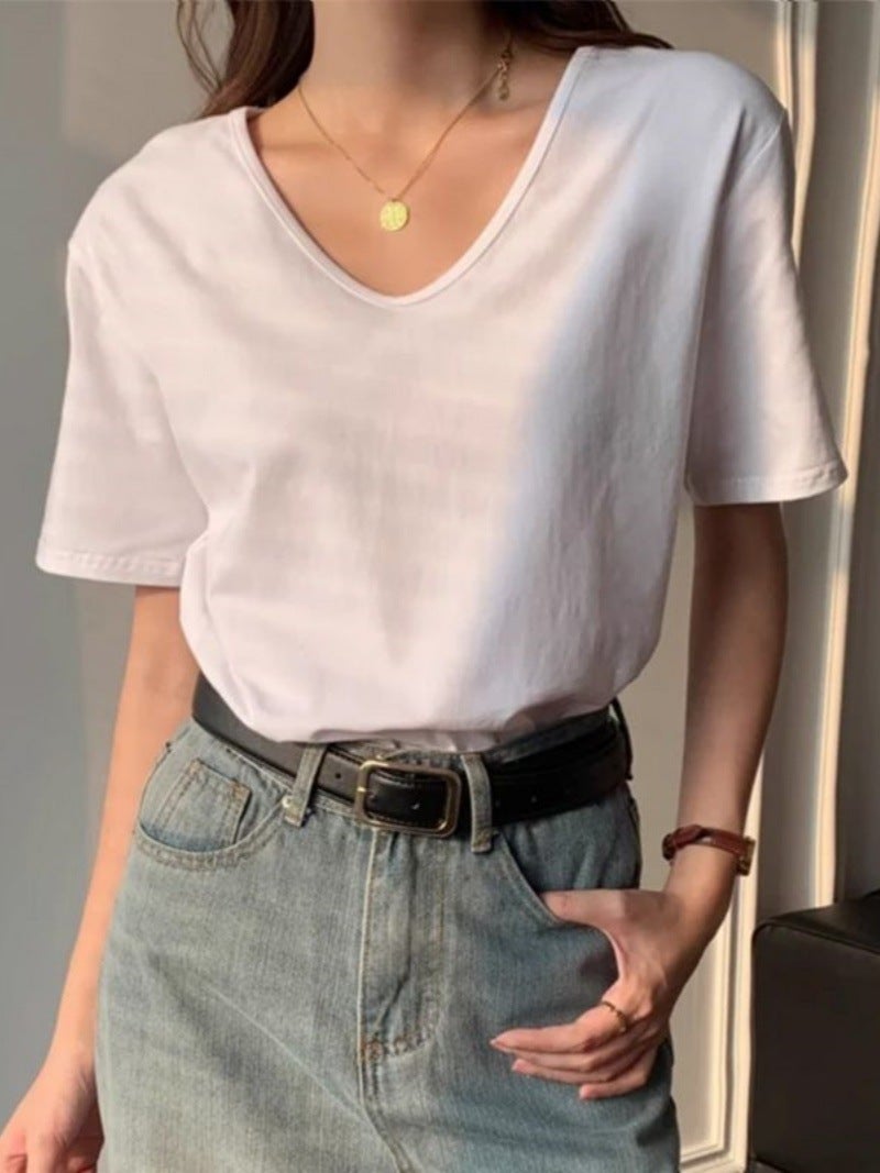 Solid Color U-Neck Right Shoulder Coolon T-Shirt Summer Women'S T-Shirt Plus Fat Enlarged Loose Casual Slim Versatile Top - Image 2