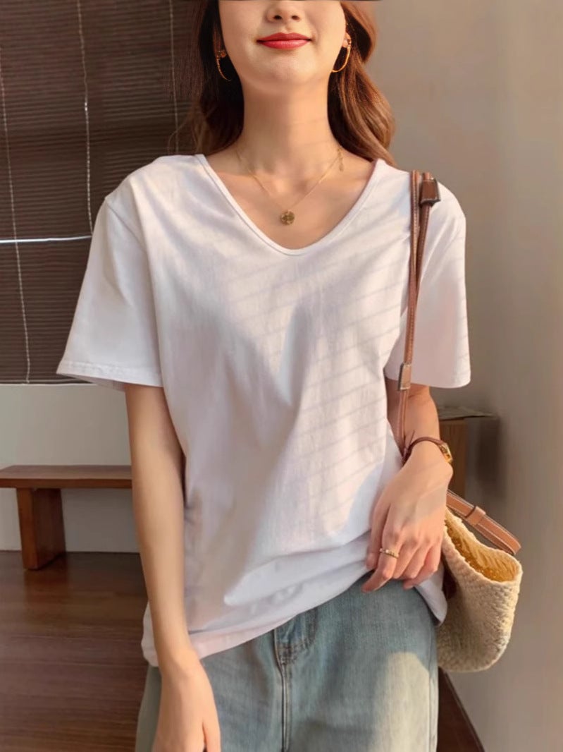 Solid Color U-Neck Right Shoulder Coolon T-Shirt Summer Women'S T-Shirt Plus Fat Enlarged Loose Casual Slim Versatile Top - Image 5