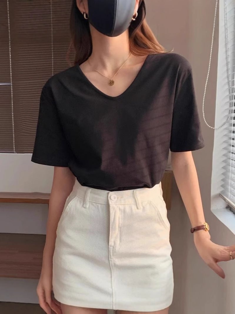 Solid Color U-Neck Right Shoulder Coolon T-Shirt Summer Women'S T-Shirt Plus Fat Enlarged Loose Casual Slim Versatile Top - Image 4
