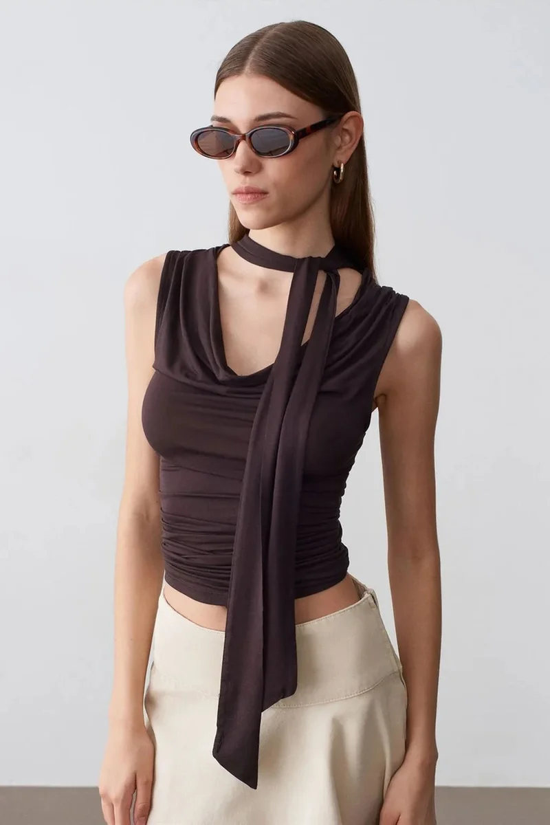 ديلفين DILVIN Sleeveless Cowl Neck Jersey Blouse