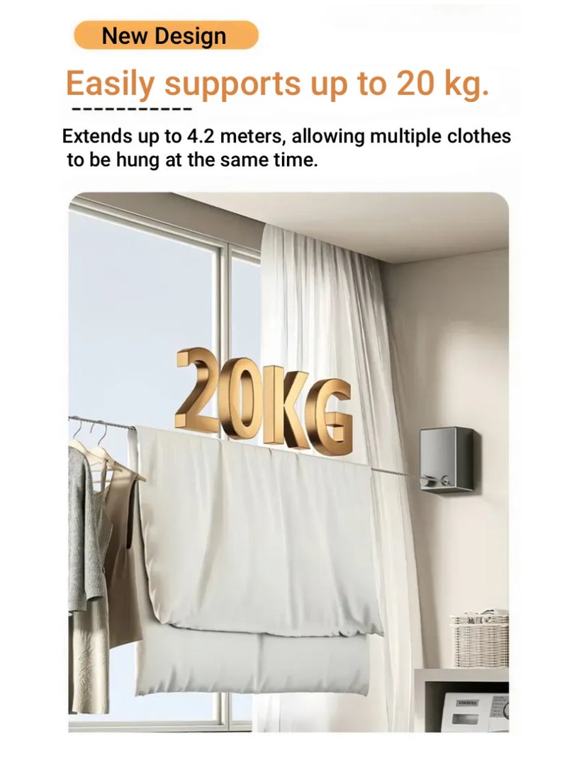 NORHOR Retractable Clothesline 4.2M, Clothes Drying Line Wall Mounted Stainless Steel with Double Adjustable Rope for Laundry - Image 3