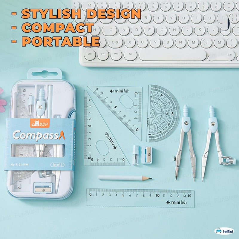 FunBlast Metal Compass Set 9 Pcs - Geometry Box with Protractor, Set Squares, Ruler, Compasses, Ruler Set, Instrument Box, Math Geometry Kit for Student & Professional (Blue) - Image 5