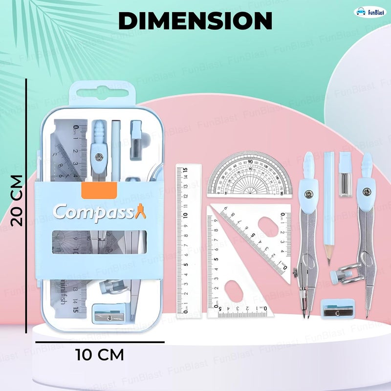 FunBlast Metal Compass Set 9 Pcs - Geometry Box with Protractor, Set Squares, Ruler, Compasses, Ruler Set, Instrument Box, Math Geometry Kit for Student & Professional (Blue) - Image 2