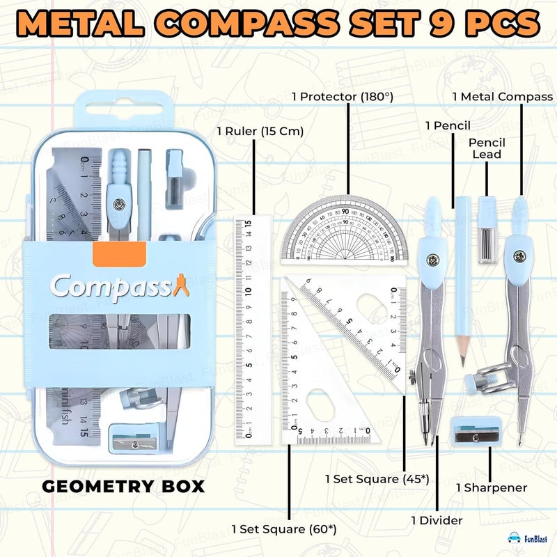 FunBlast Metal Compass Set 9 Pcs - Geometry Box with Protractor, Set Squares, Ruler, Compasses, Ruler Set, Instrument Box, Math Geometry Kit for Student & Professional (Blue) - Image 3