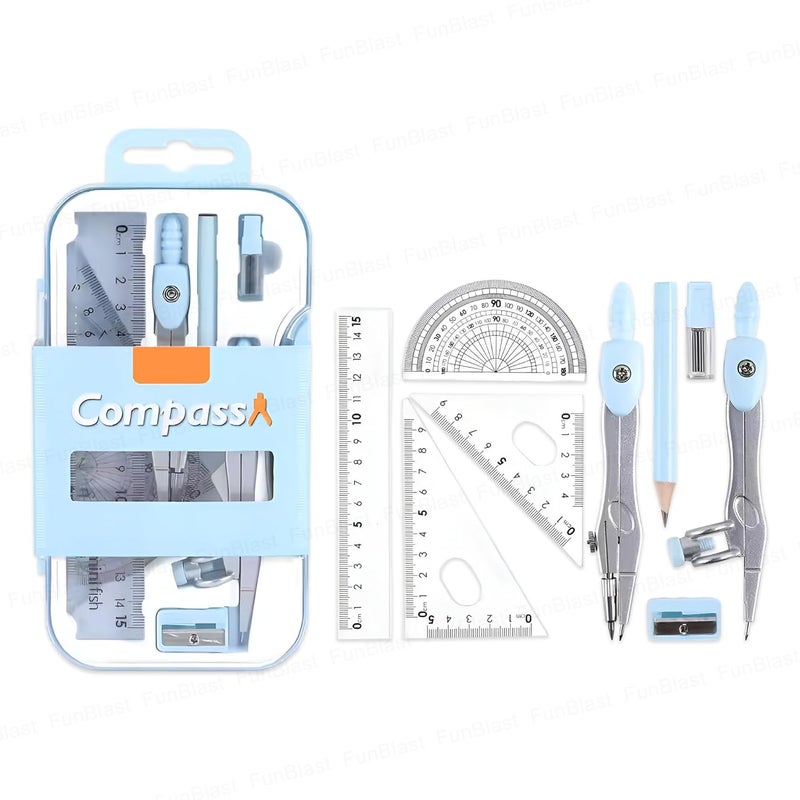 FunBlast Metal Compass Set 9 Pcs - Geometry Box with Protractor, Set Squares, Ruler, Compasses, Ruler Set, Instrument Box, Math Geometry Kit for Student & Professional (Blue) - Image 1