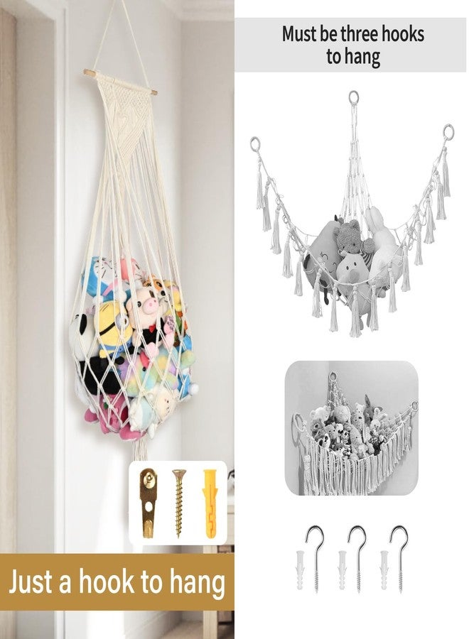 Aufee Stuffed Animal Storage Hammock, 60 Inch Corner Hanging Toy Holder Net with Hooks, Boho Macrame Animals Display, Large Wall Ceiling Plushie Toys Organizer for Nursery, Playroom, Bedroom(Cream) - Image 5