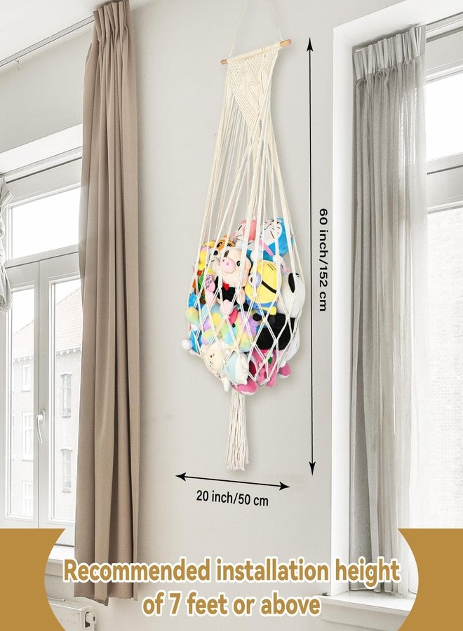 Aufee Stuffed Animal Storage Hammock, 60 Inch Corner Hanging Toy Holder Net with Hooks, Boho Macrame Animals Display, Large Wall Ceiling Plushie Toys Organizer for Nursery, Playroom, Bedroom(Cream) - Image 2