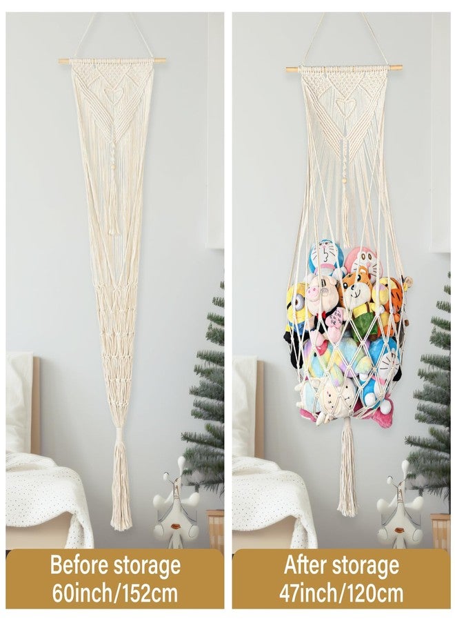 Aufee Stuffed Animal Storage Hammock, 60 Inch Corner Hanging Toy Holder Net with Hooks, Boho Macrame Animals Display, Large Wall Ceiling Plushie Toys Organizer for Nursery, Playroom, Bedroom(Cream) - Image 3