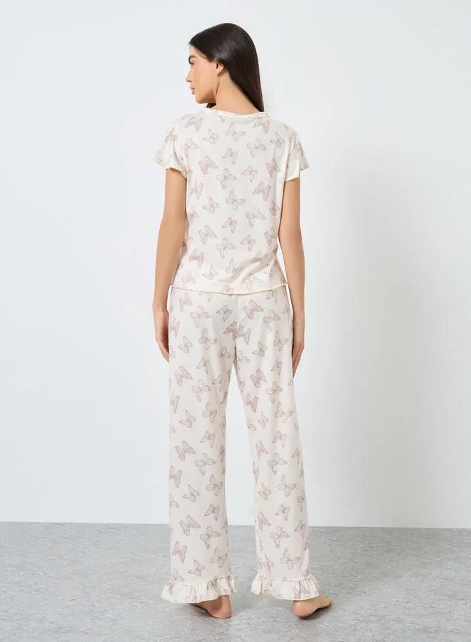 Take Two Take Two Butterfly Print V Neck T-Shirt and Pyjama Set